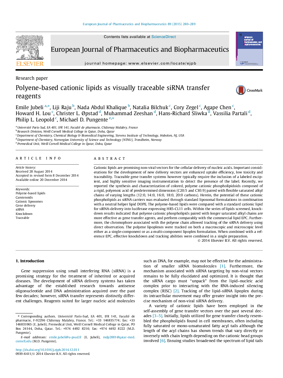 Polyene-based cationic lipids as visually traceable siRNA transfer reagents