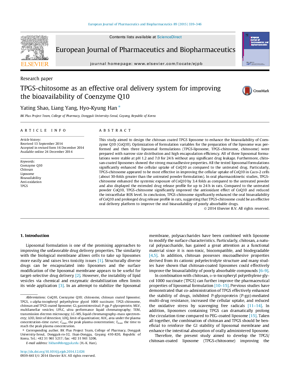 TPGS-chitosome as an effective oral delivery system for improving the bioavailability of Coenzyme Q10