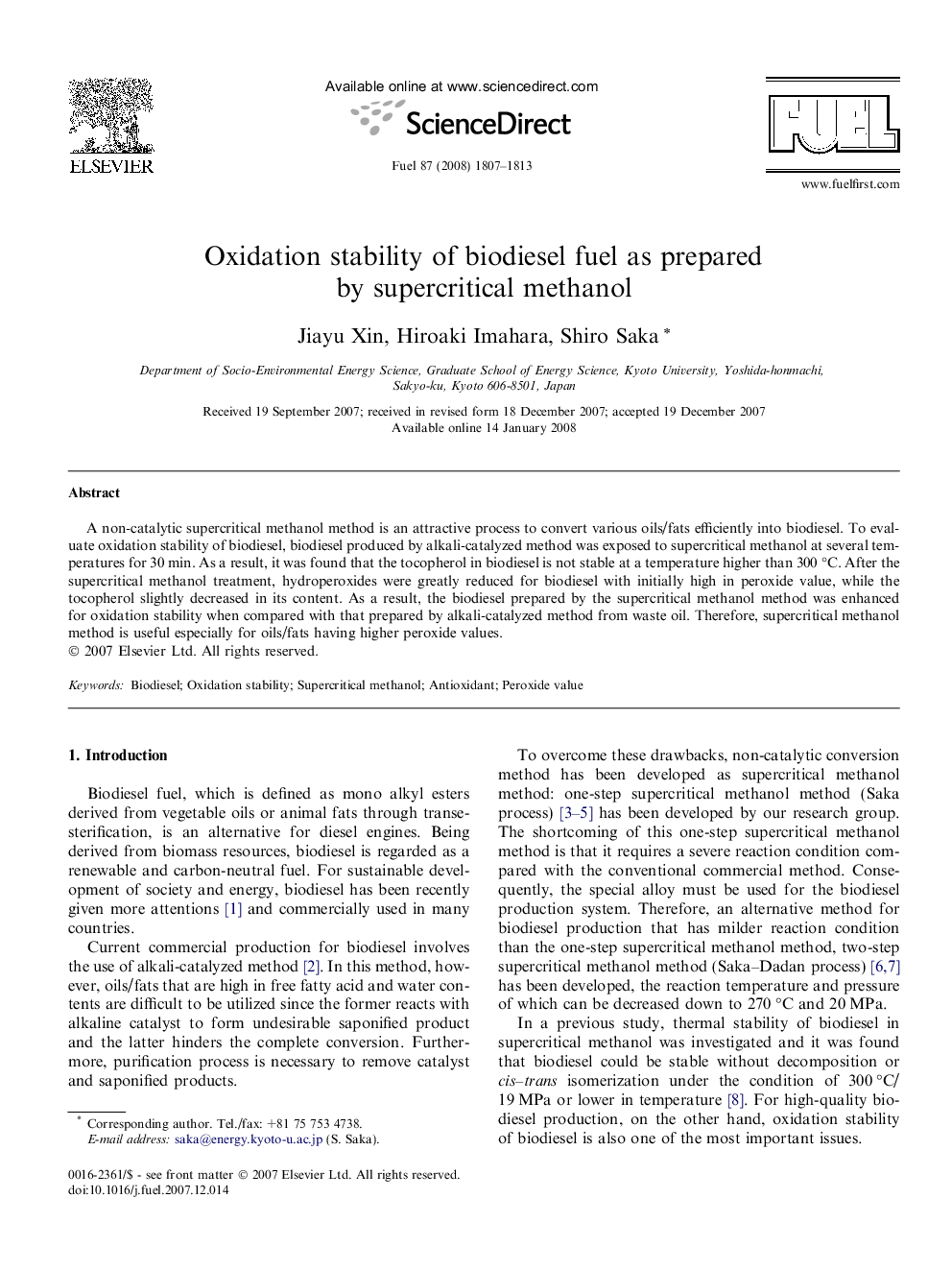 Oxidation stability of biodiesel fuel as prepared by supercritical methanol