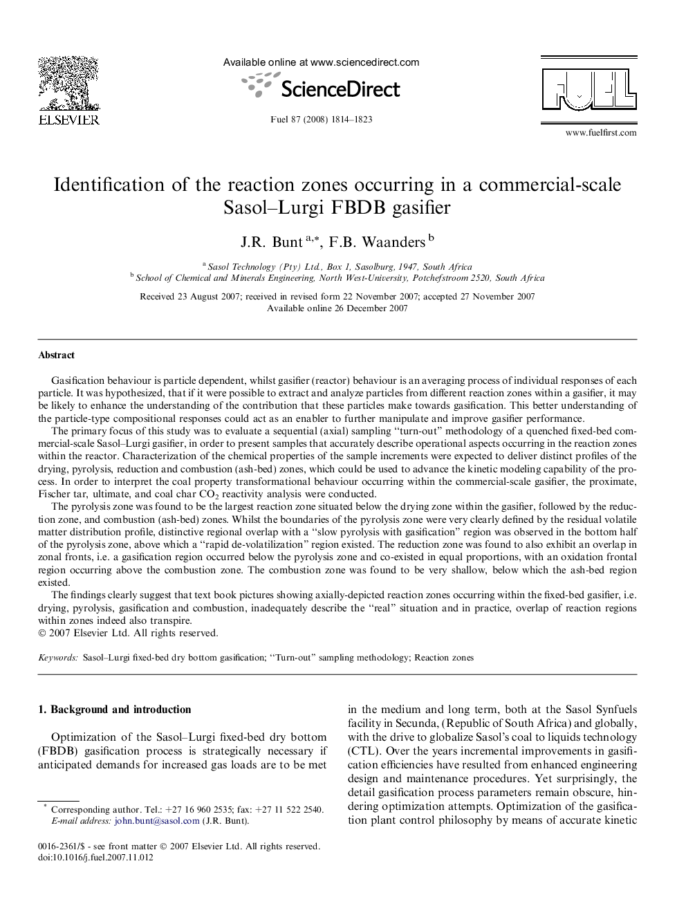 Identification of the reaction zones occurring in a commercial-scale Sasol–Lurgi FBDB gasifier