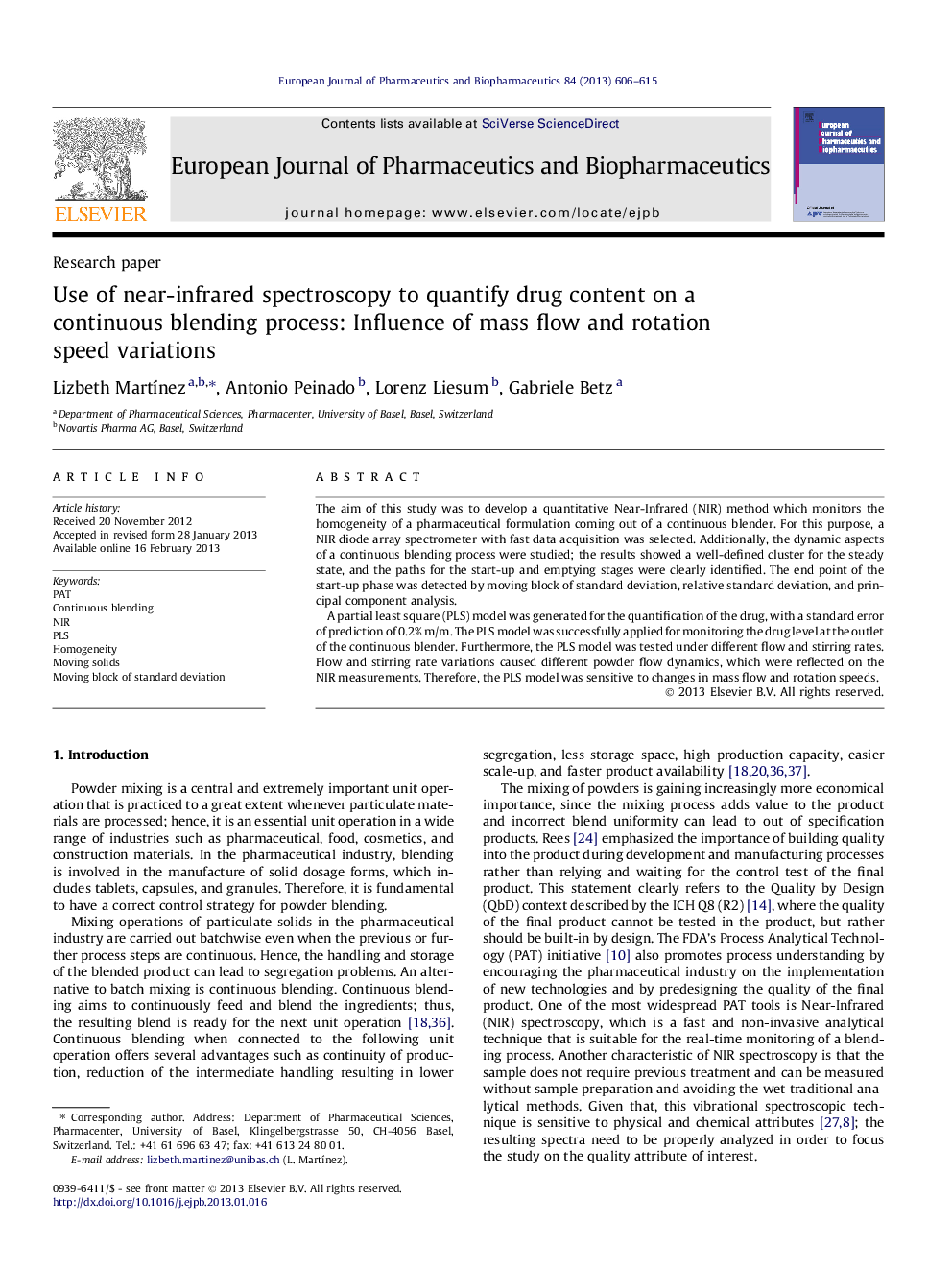 Use of near-infrared spectroscopy to quantify drug content on a continuous blending process: Influence of mass flow and rotation speed variations