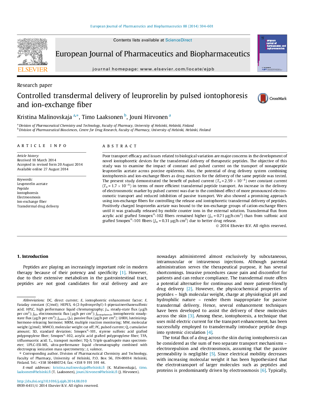 Controlled transdermal delivery of leuprorelin by pulsed iontophoresis and ion-exchange fiber