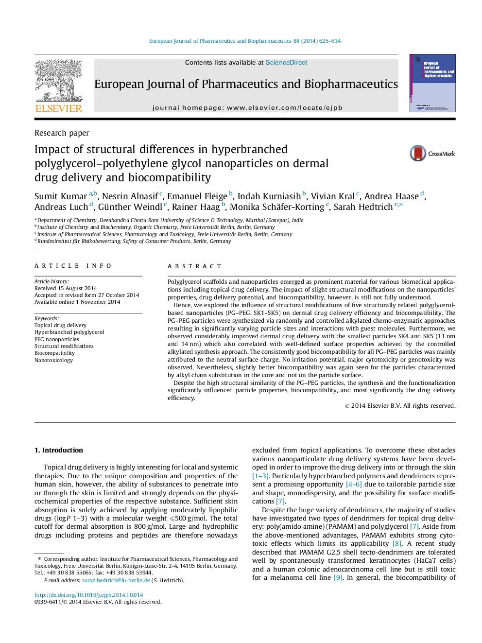 Impact of structural differences in hyperbranched polyglycerol–polyethylene glycol nanoparticles on dermal drug delivery and biocompatibility