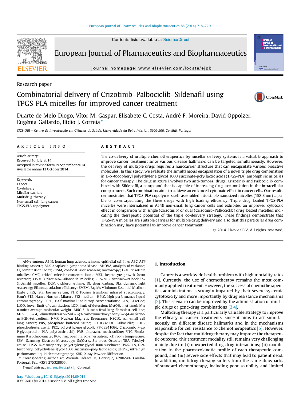 Combinatorial delivery of Crizotinib–Palbociclib–Sildenafil using TPGS-PLA micelles for improved cancer treatment