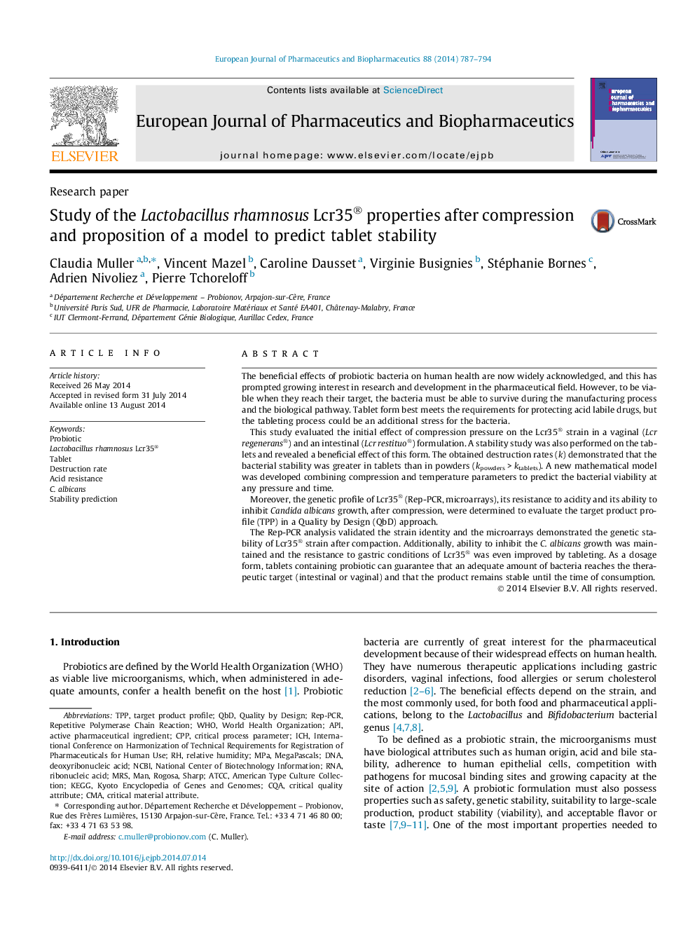 Study of the Lactobacillus rhamnosus Lcr35® properties after compression and proposition of a model to predict tablet stability