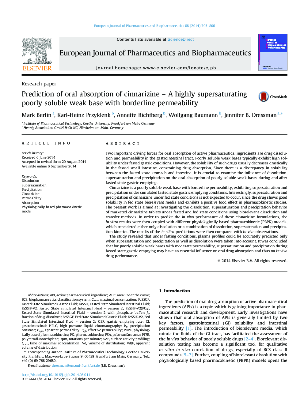 Prediction of oral absorption of cinnarizine – A highly supersaturating poorly soluble weak base with borderline permeability