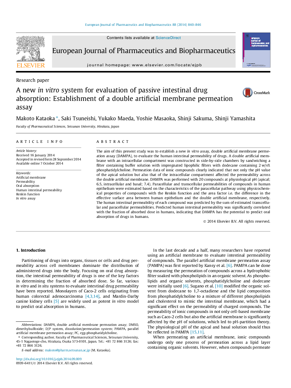 A new in vitro system for evaluation of passive intestinal drug absorption: Establishment of a double artificial membrane permeation assay