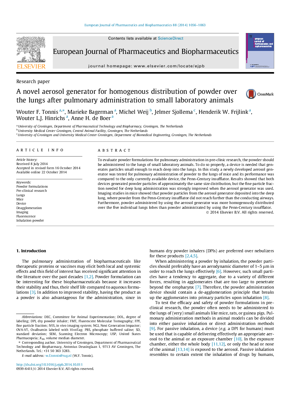 A novel aerosol generator for homogenous distribution of powder over the lungs after pulmonary administration to small laboratory animals