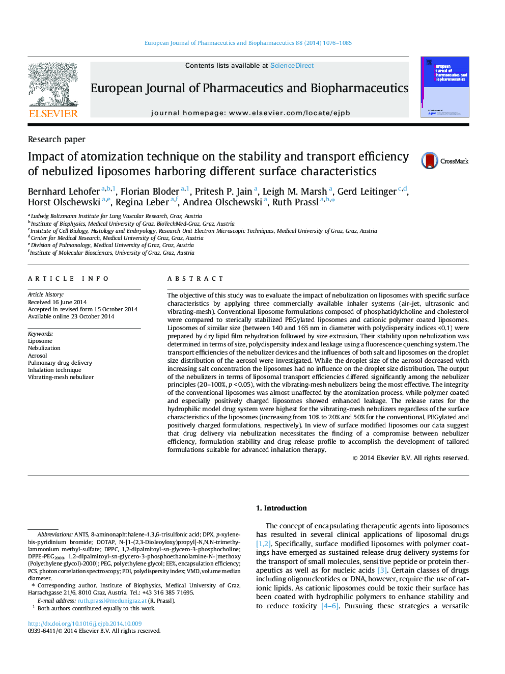 Impact of atomization technique on the stability and transport efficiency of nebulized liposomes harboring different surface characteristics