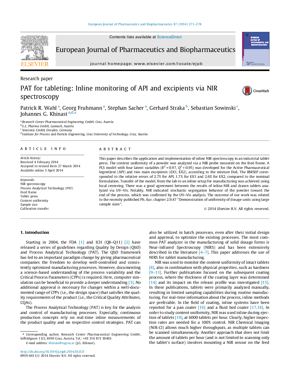 PAT for tableting: Inline monitoring of API and excipients via NIR spectroscopy