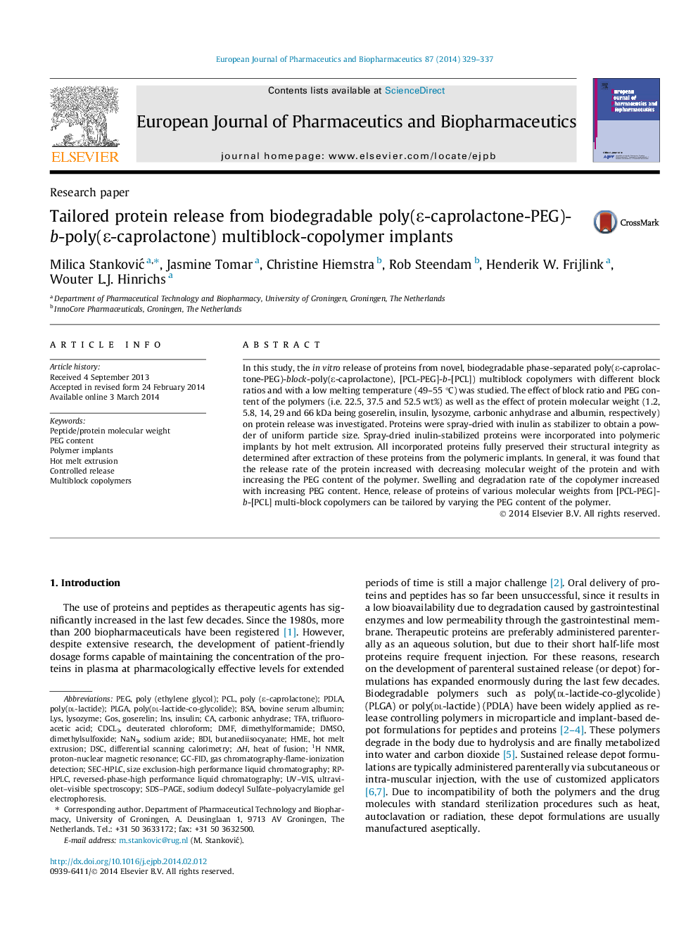 Tailored protein release from biodegradable poly(ε-caprolactone-PEG)-b-poly(ε-caprolactone) multiblock-copolymer implants