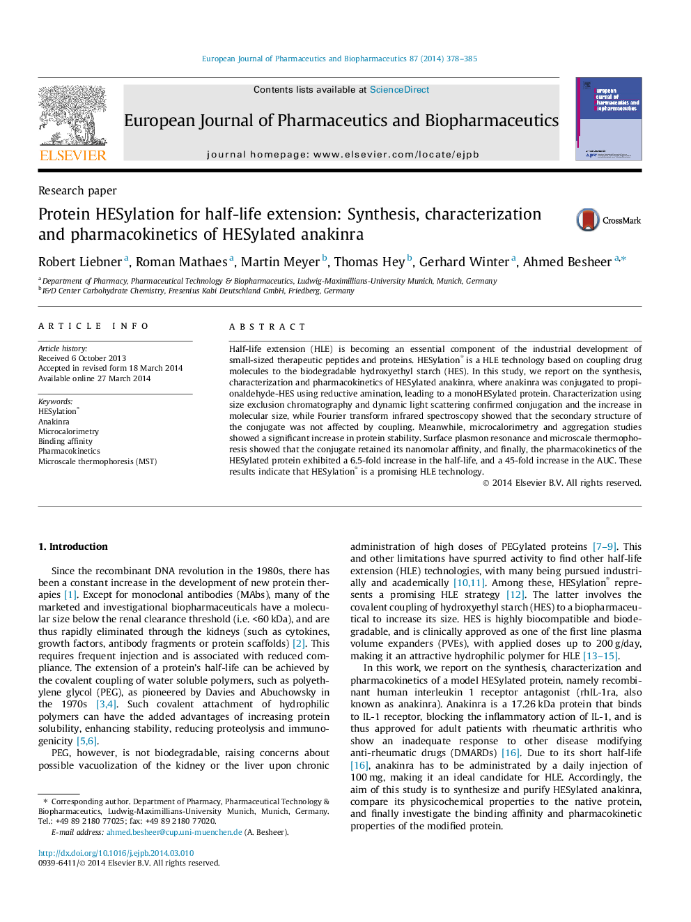 Protein HESylation for half-life extension: Synthesis, characterization and pharmacokinetics of HESylated anakinra