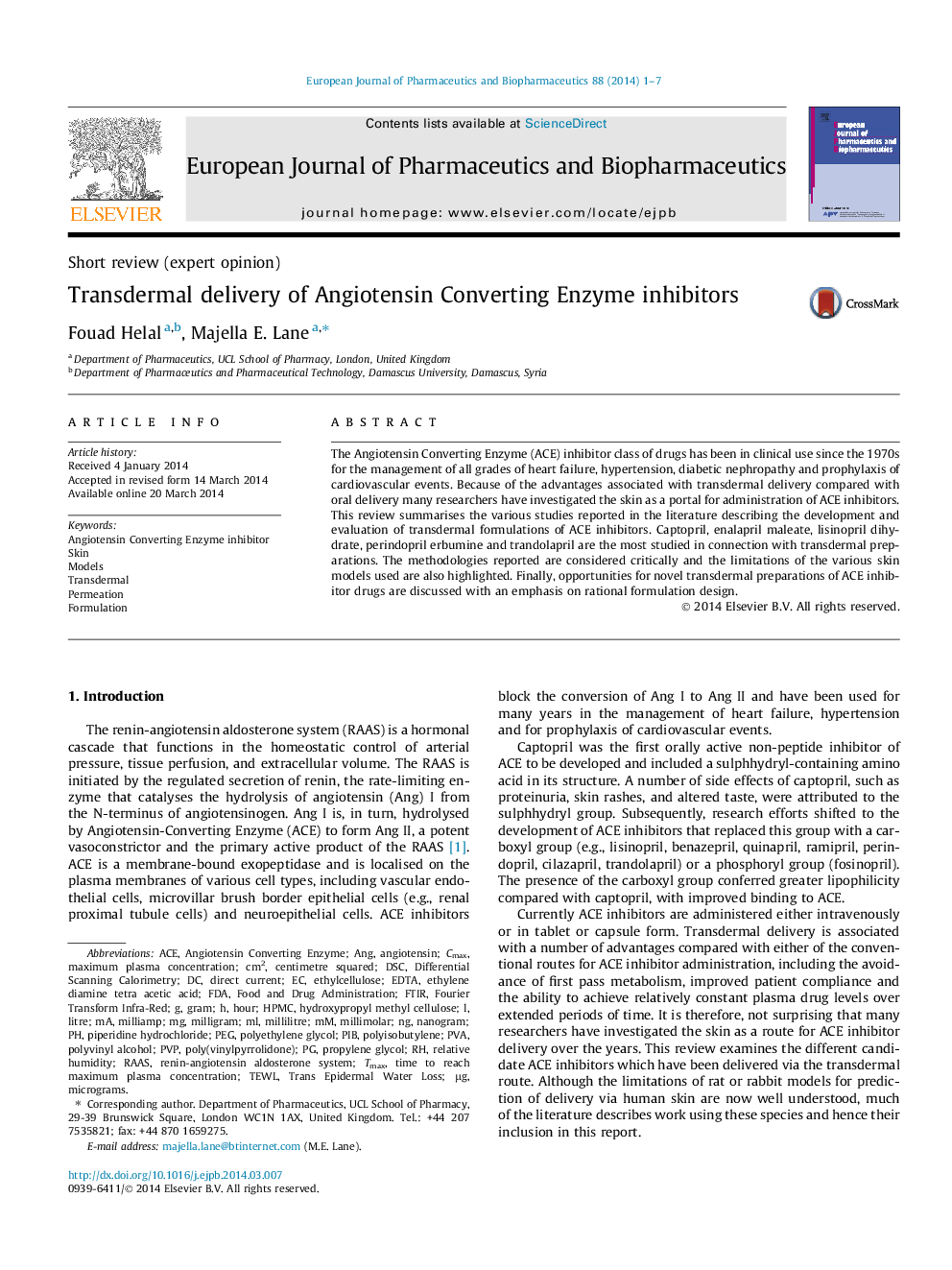 Transdermal delivery of Angiotensin Converting Enzyme inhibitors