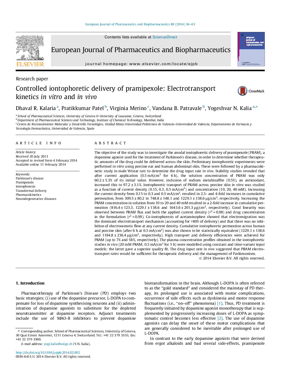 Controlled iontophoretic delivery of pramipexole: Electrotransport kinetics in vitro and in vivo