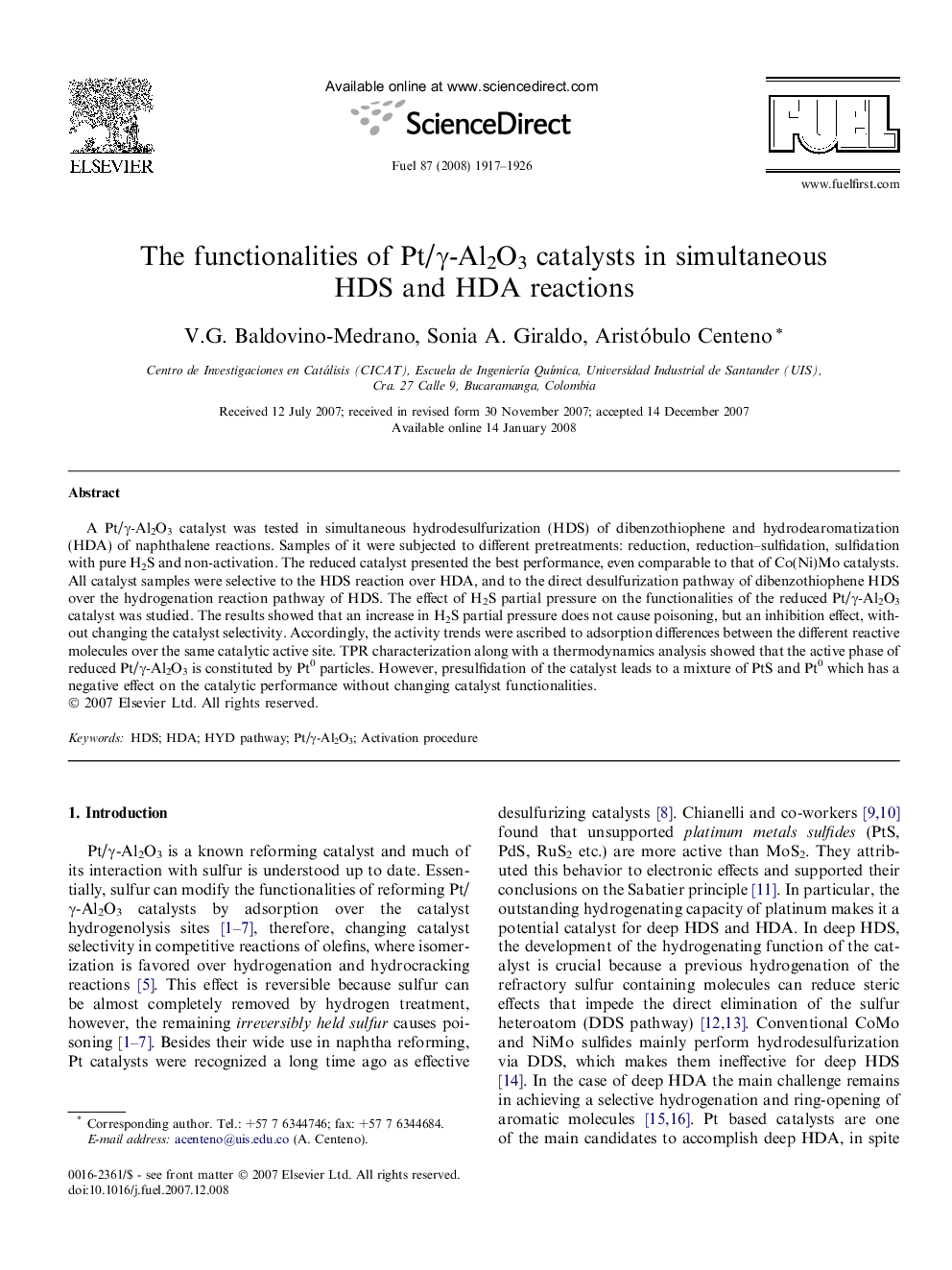 The functionalities of Pt/γ-Al2O3 catalysts in simultaneous HDS and HDA reactions