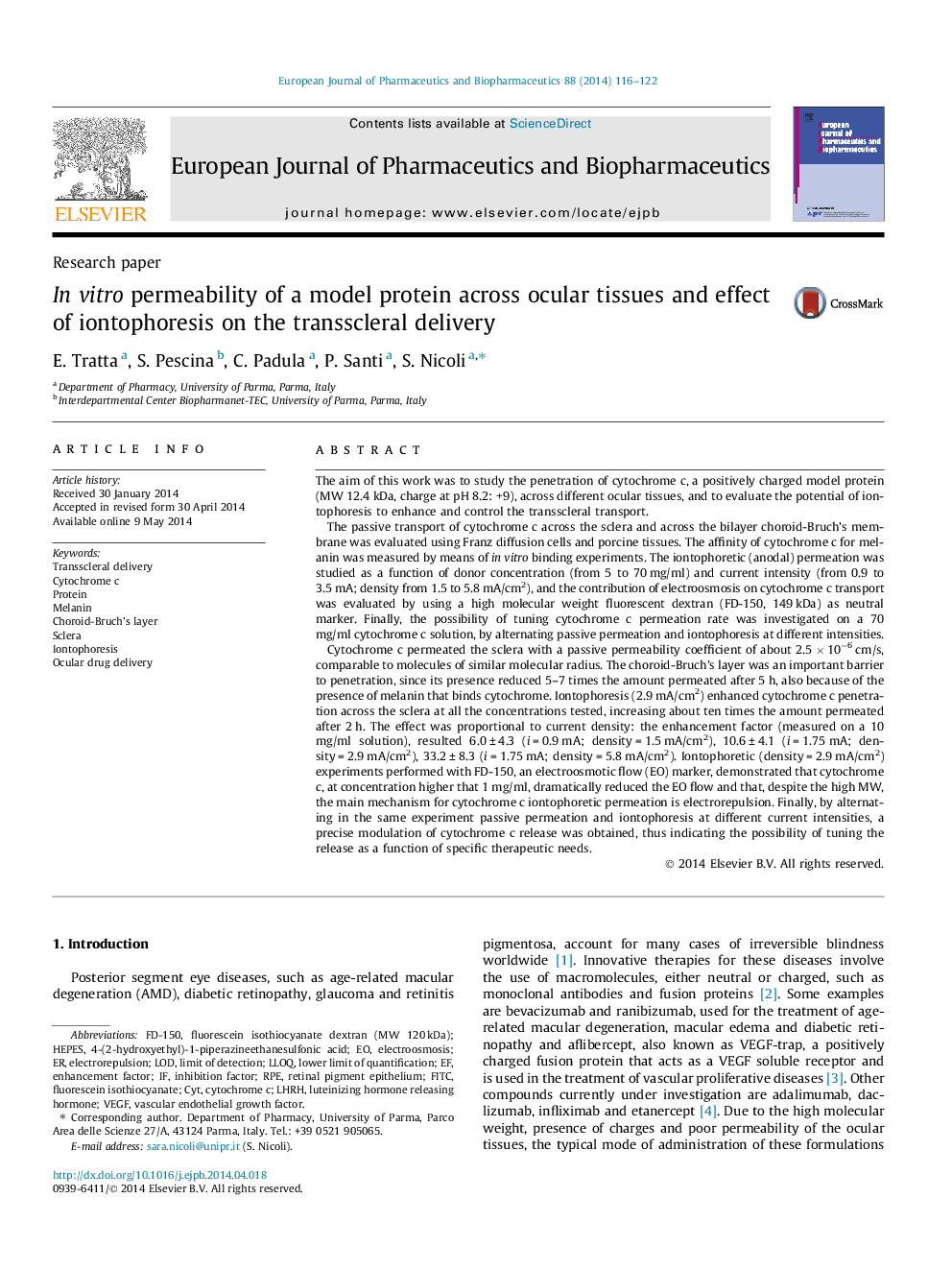 In vitro permeability of a model protein across ocular tissues and effect of iontophoresis on the transscleral delivery