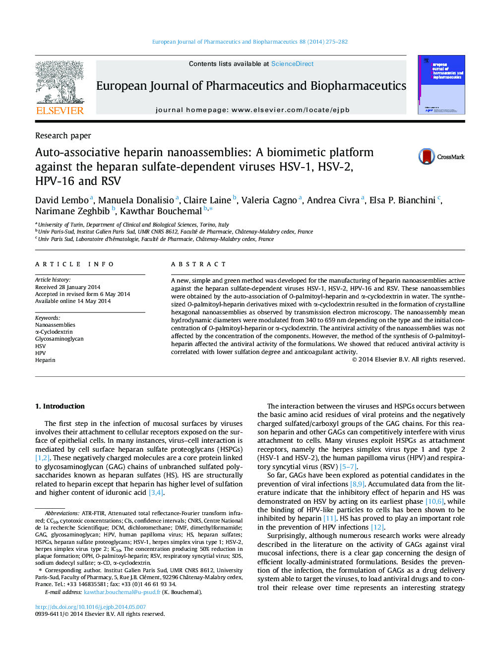 Auto-associative heparin nanoassemblies: A biomimetic platform against the heparan sulfate-dependent viruses HSV-1, HSV-2, HPV-16 and RSV