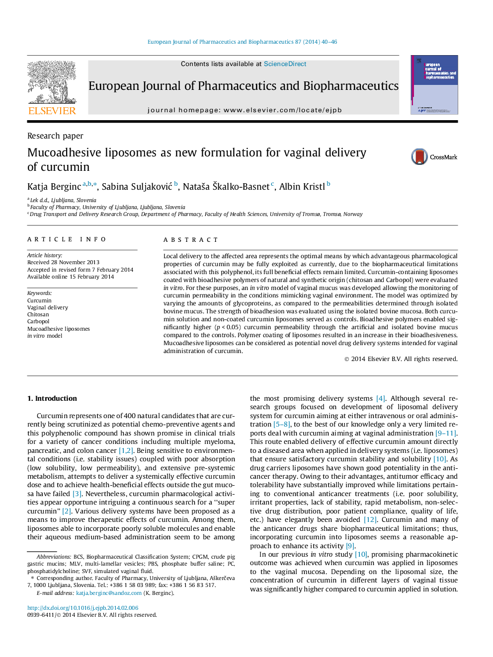 Mucoadhesive liposomes as new formulation for vaginal delivery of curcumin