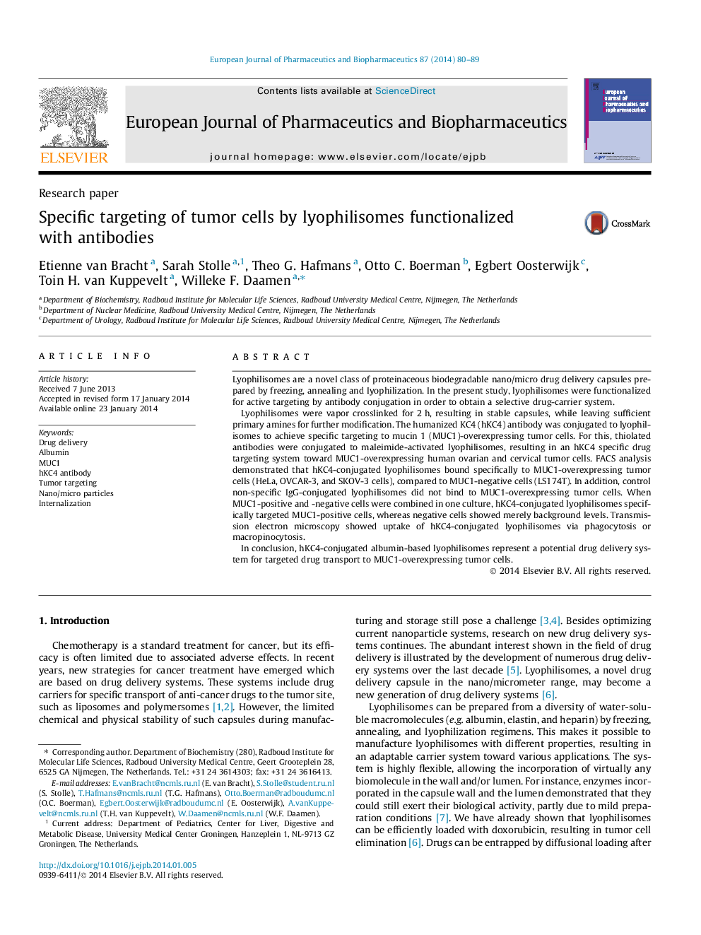 Specific targeting of tumor cells by lyophilisomes functionalized with antibodies