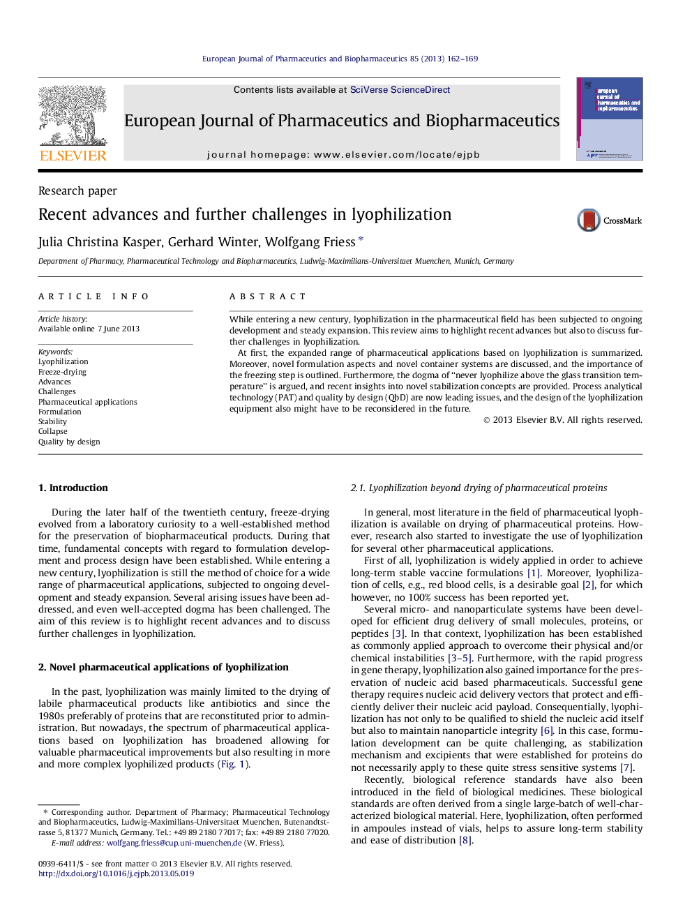 عکس صفحه اول مقاله: Recent advances and further challenges in lyophilization Recent advances and further challenges in lyophilization