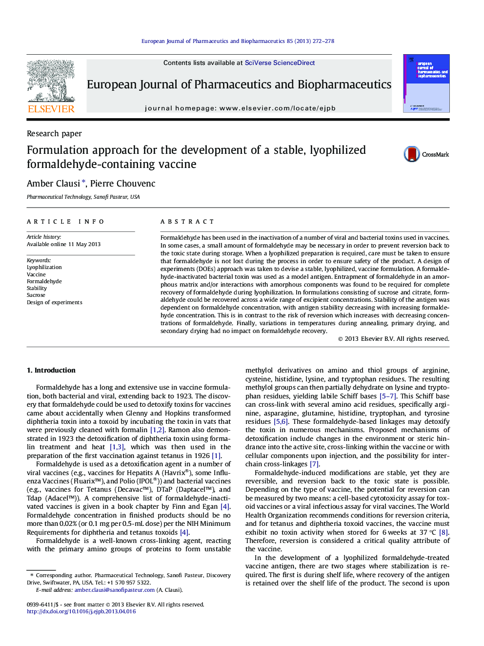 Formulation approach for the development of a stable, lyophilized formaldehyde-containing vaccine