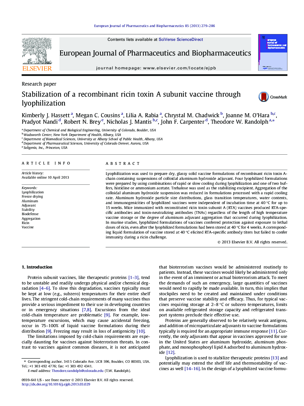 Stabilization of a recombinant ricin toxin A subunit vaccine through lyophilization