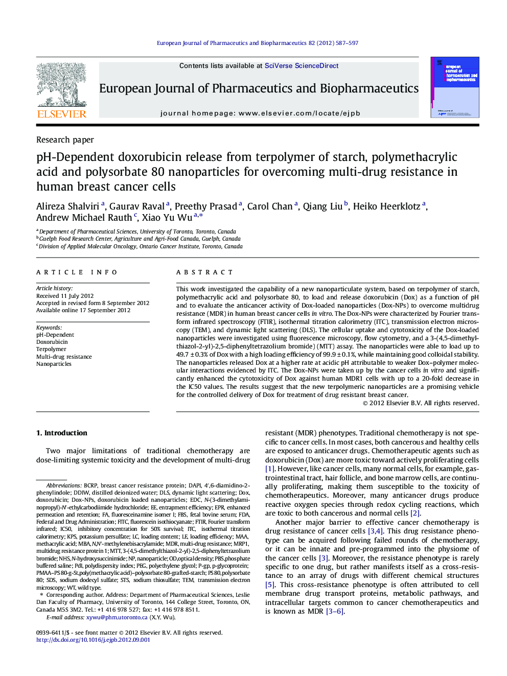 pH-Dependent doxorubicin release from terpolymer of starch, polymethacrylic acid and polysorbate 80 nanoparticles for overcoming multi-drug resistance in human breast cancer cells