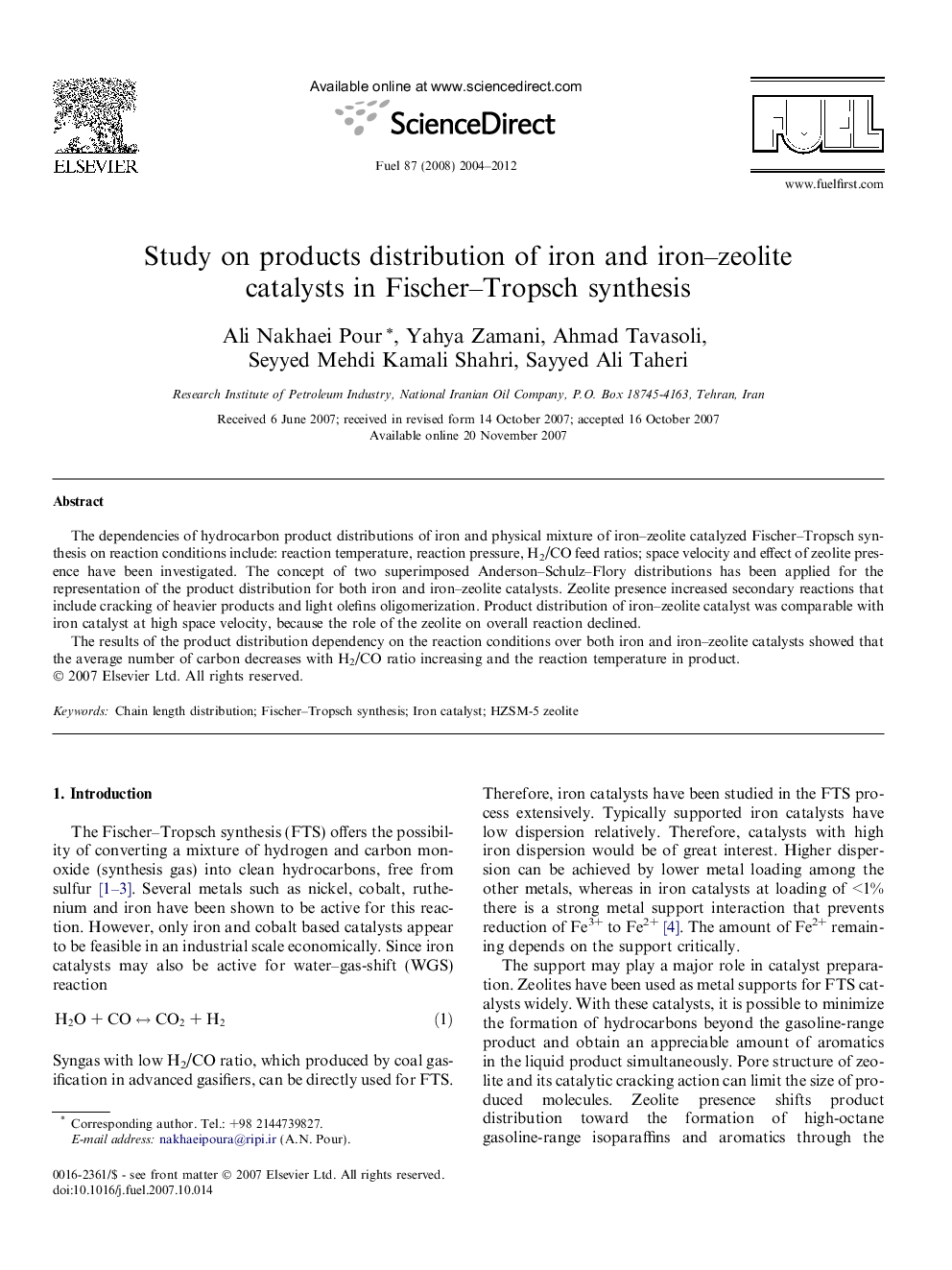 Study on products distribution of iron and iron–zeolite catalysts in Fischer–Tropsch synthesis