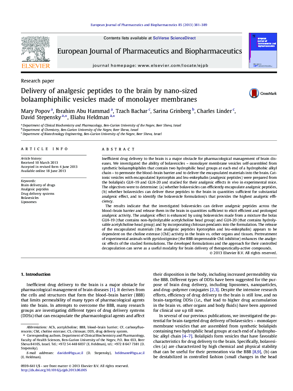 Delivery of analgesic peptides to the brain by nano-sized bolaamphiphilic vesicles made of monolayer membranes