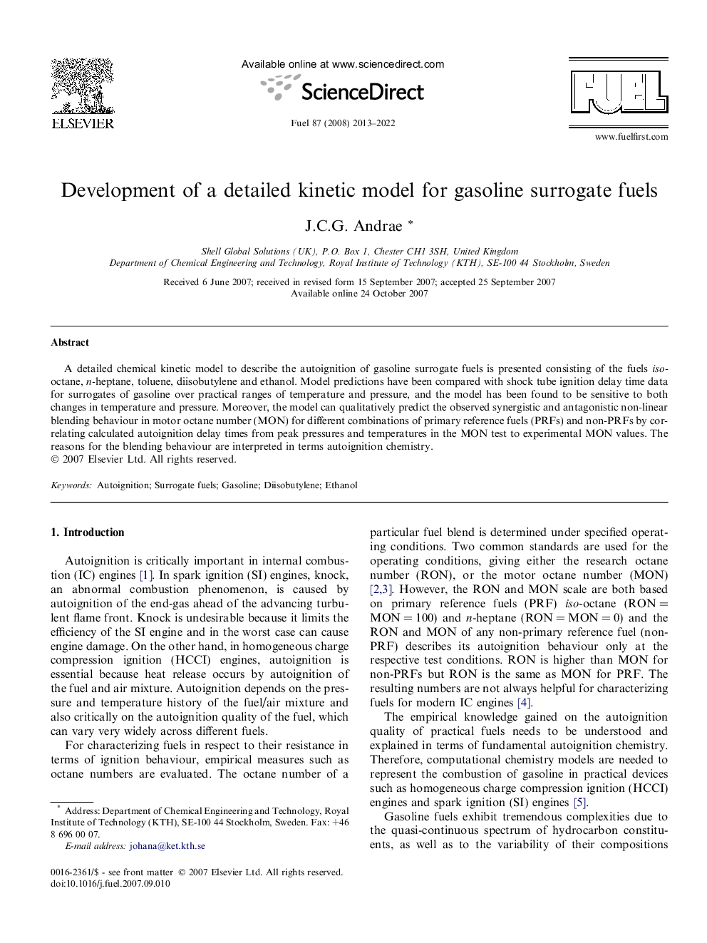 Development of a detailed kinetic model for gasoline surrogate fuels