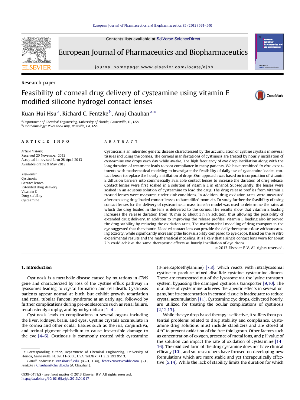 Feasibility of corneal drug delivery of cysteamine using vitamin E modified silicone hydrogel contact lenses