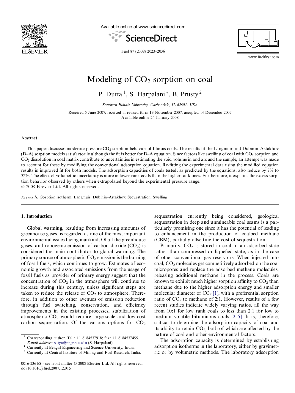 Modeling of CO2 sorption on coal