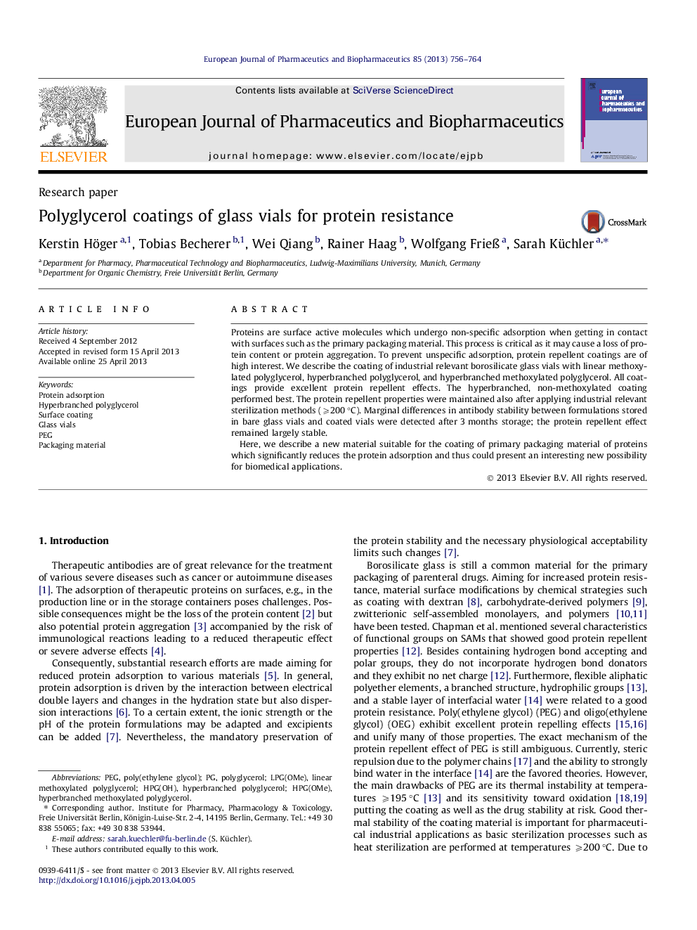 Polyglycerol coatings of glass vials for protein resistance