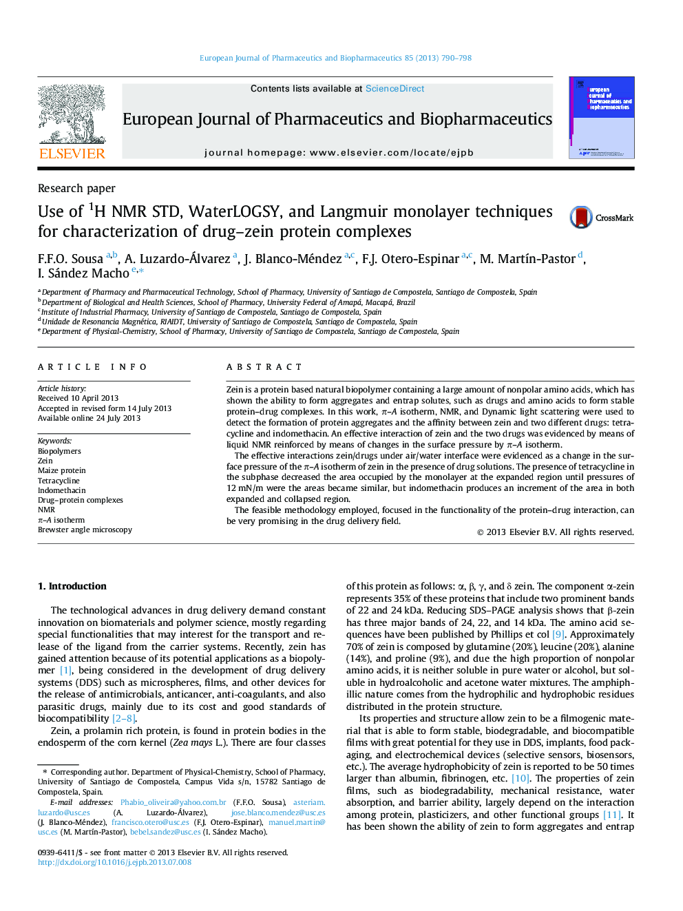 Use of 1H NMR STD, WaterLOGSY, and Langmuir monolayer techniques for characterization of drug–zein protein complexes