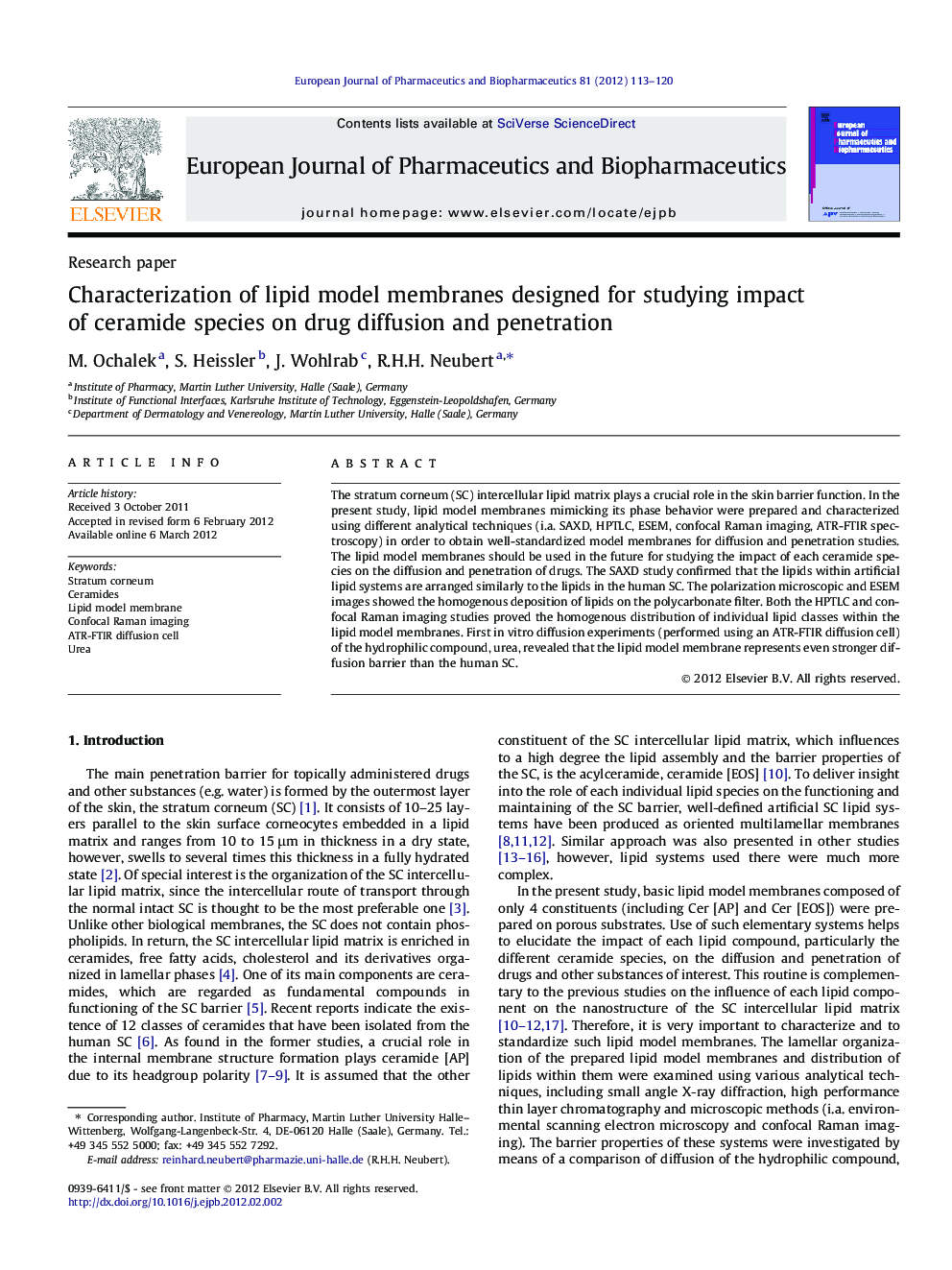 Characterization of lipid model membranes designed for studying impact of ceramide species on drug diffusion and penetration