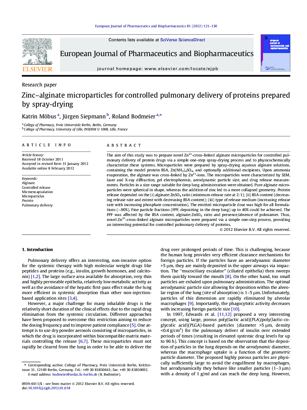 Zinc–alginate microparticles for controlled pulmonary delivery of proteins prepared by spray-drying