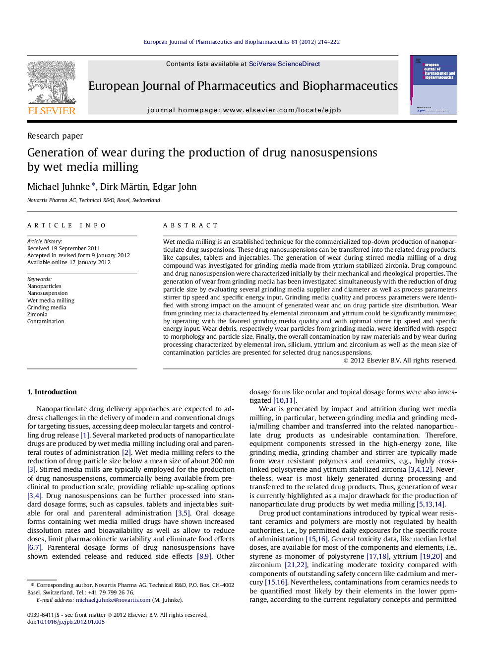 Generation of wear during the production of drug nanosuspensions by wet media milling