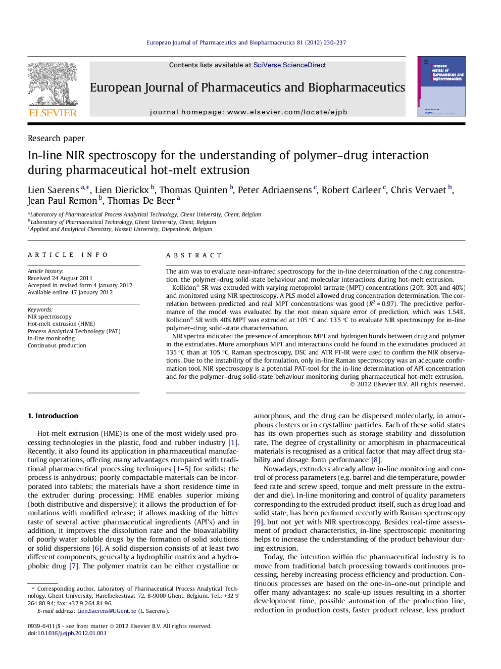 In-line NIR spectroscopy for the understanding of polymer–drug interaction during pharmaceutical hot-melt extrusion