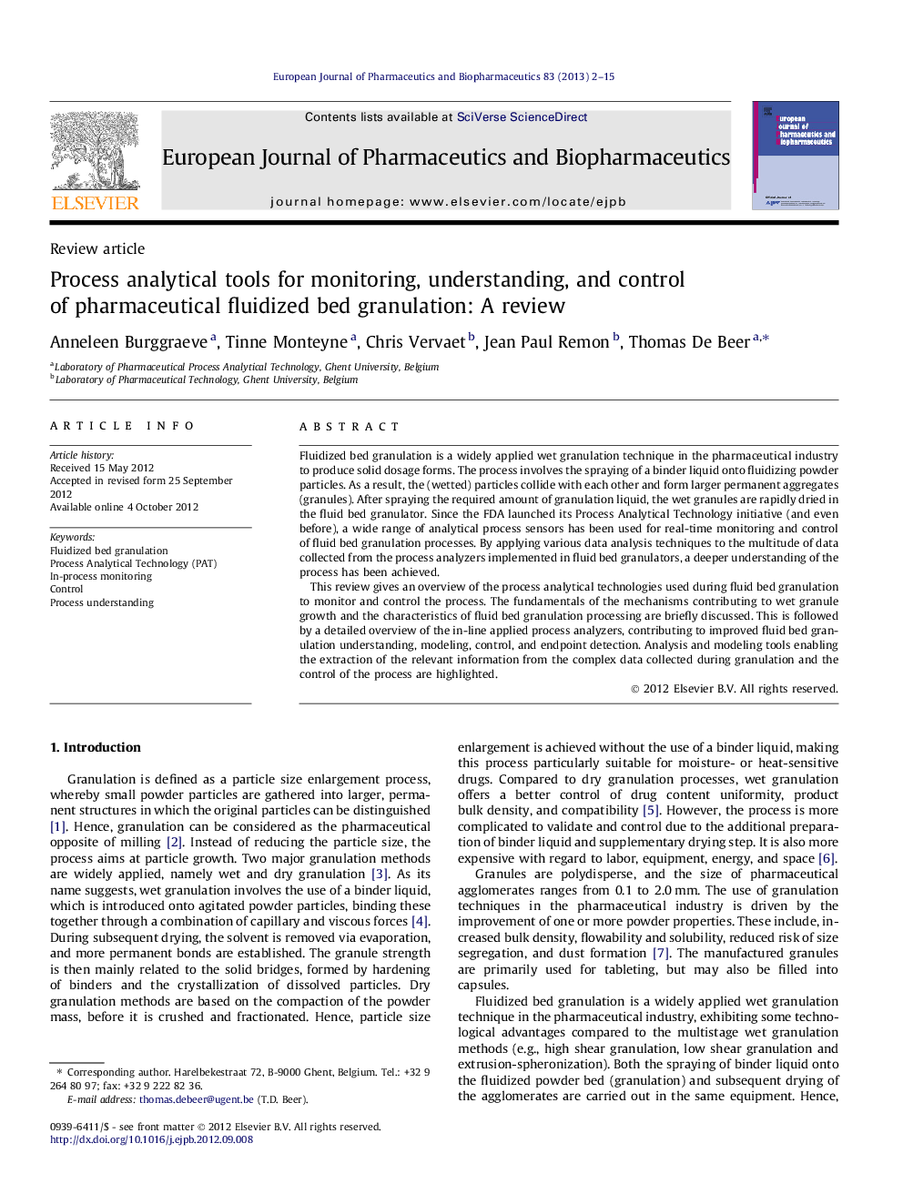 Process analytical tools for monitoring, understanding, and control of pharmaceutical fluidized bed granulation: A review