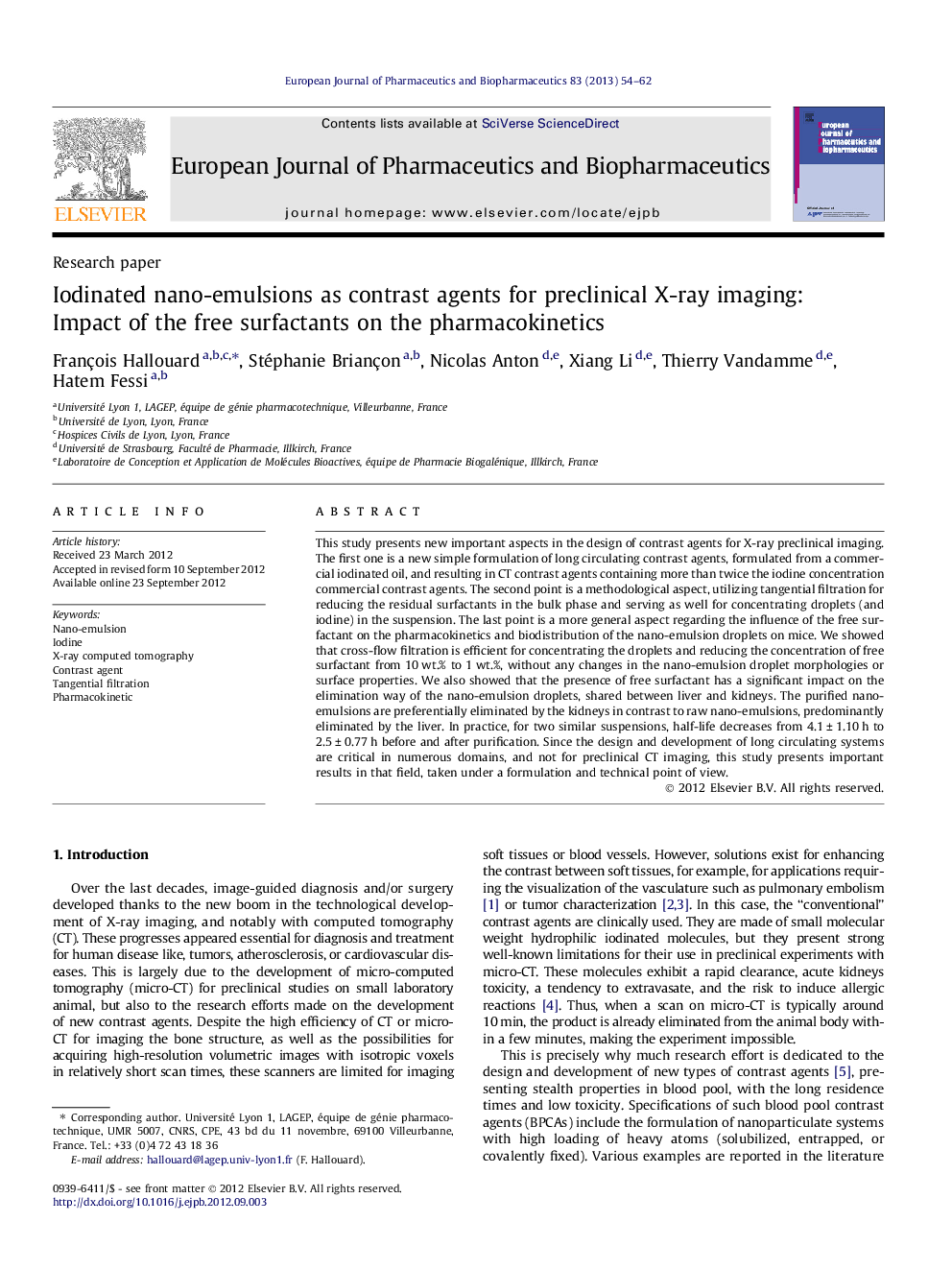 Iodinated nano-emulsions as contrast agents for preclinical X-ray imaging: Impact of the free surfactants on the pharmacokinetics