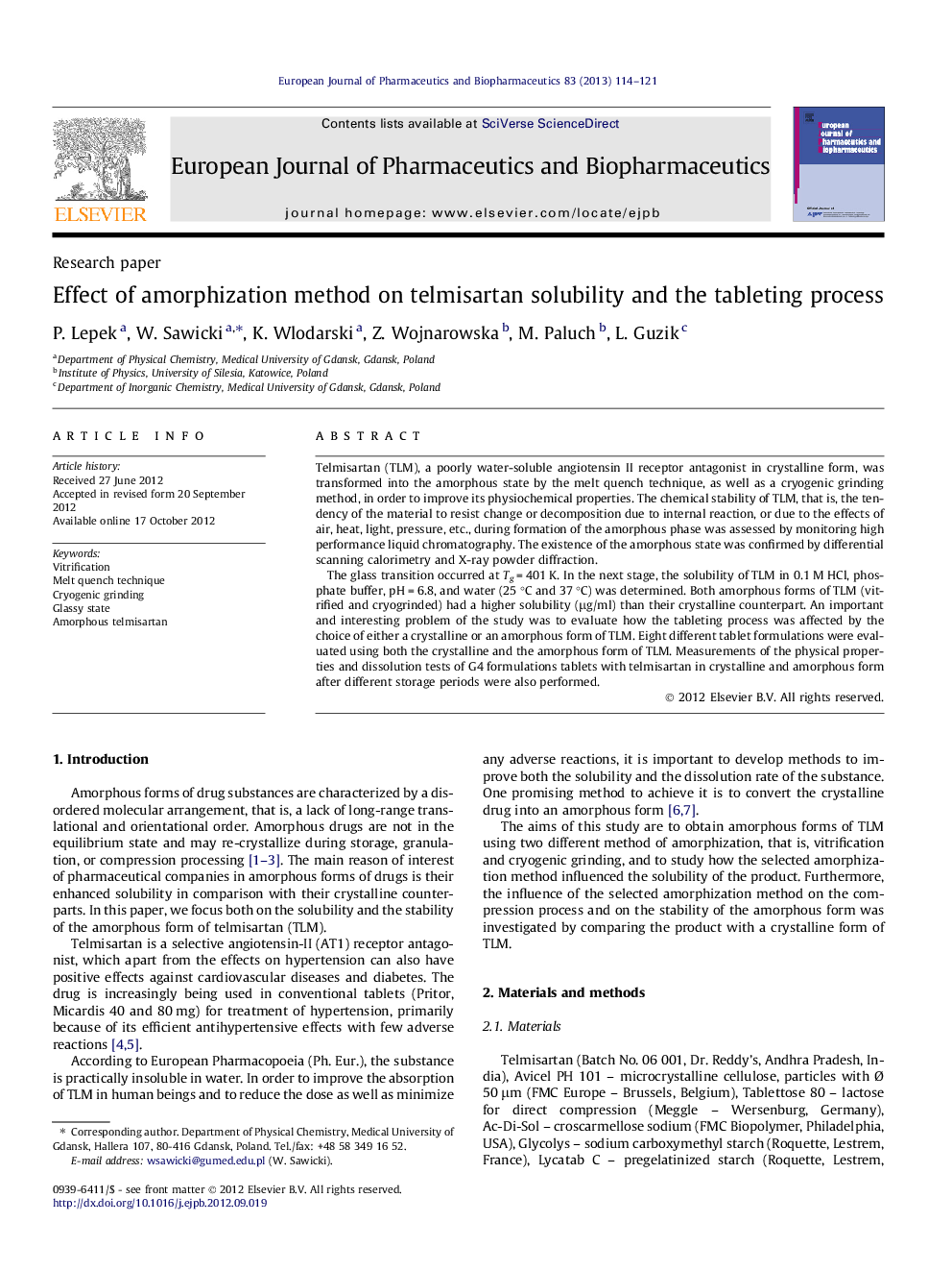 Effect of amorphization method on telmisartan solubility and the tableting process