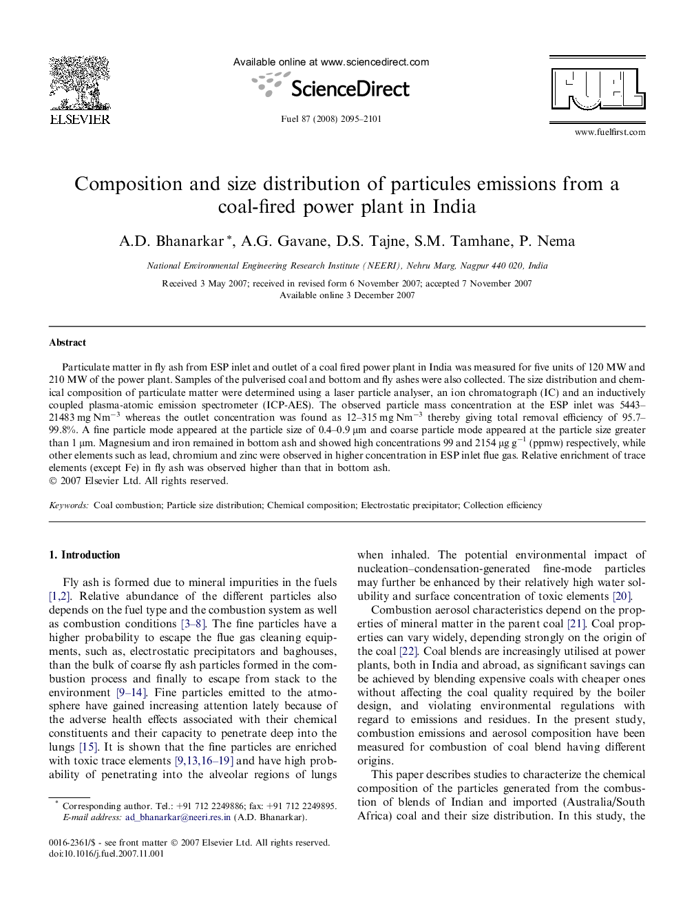 Composition and size distribution of particules emissions from a coal-fired power plant in India