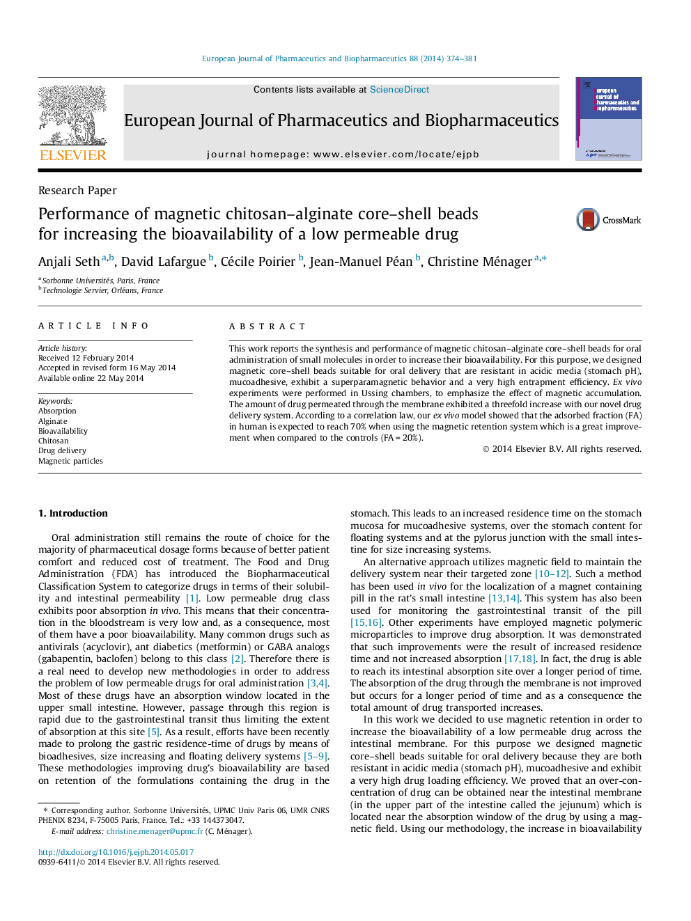 Performance of magnetic chitosan–alginate core–shell beads for increasing the bioavailability of a low permeable drug