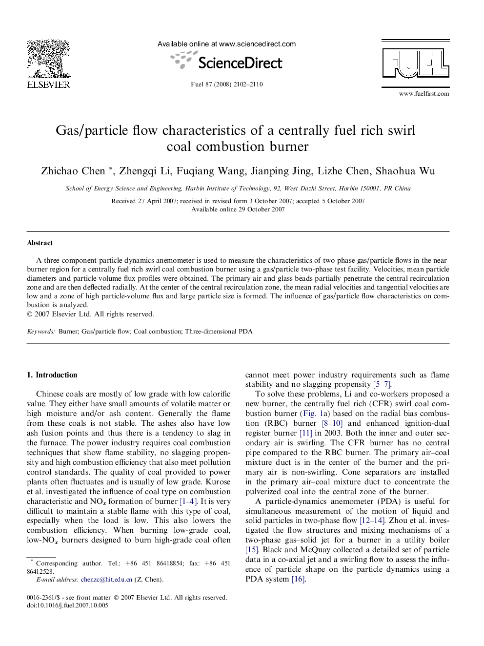 Gas/particle flow characteristics of a centrally fuel rich swirl coal combustion burner