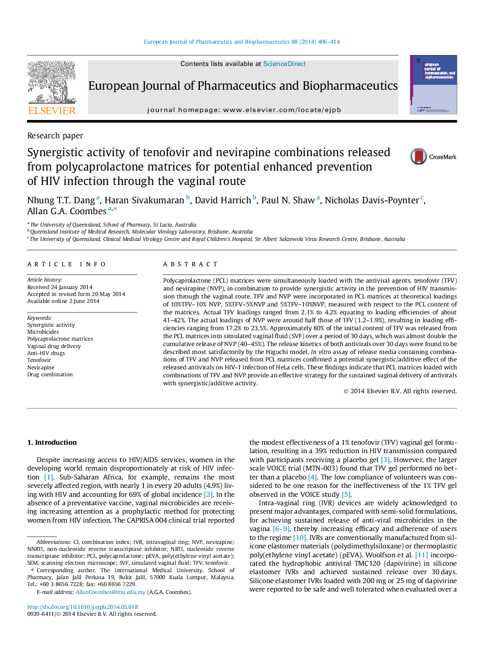 Synergistic activity of tenofovir and nevirapine combinations released from polycaprolactone matrices for potential enhanced prevention of HIV infection through the vaginal route