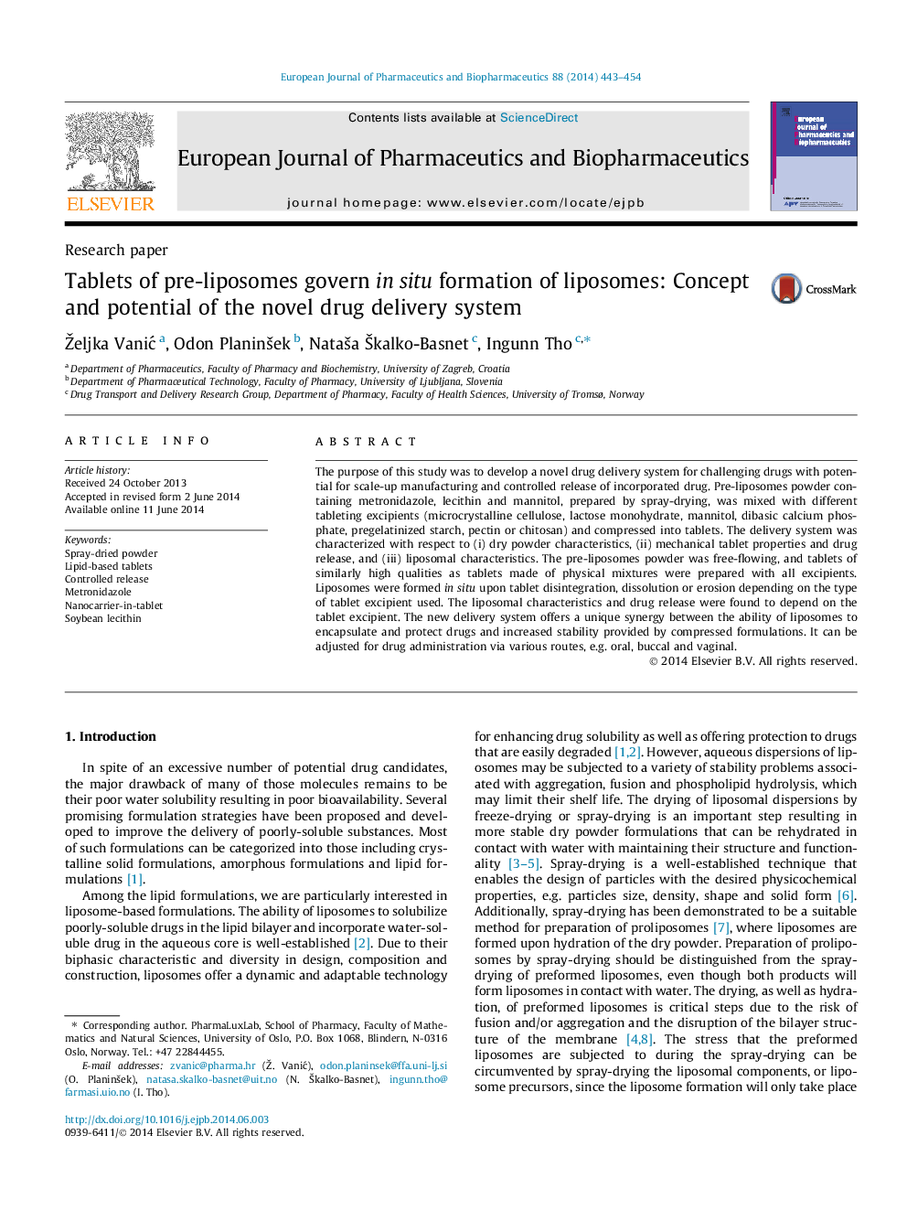 Tablets of pre-liposomes govern in situ formation of liposomes: Concept and potential of the novel drug delivery system