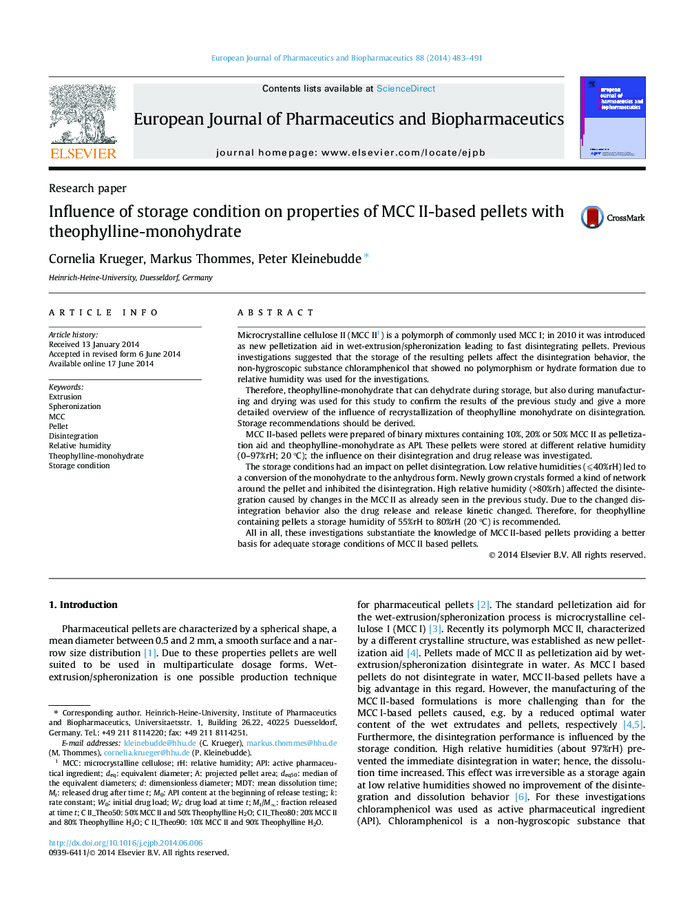 Influence of storage condition on properties of MCC II-based pellets with theophylline-monohydrate