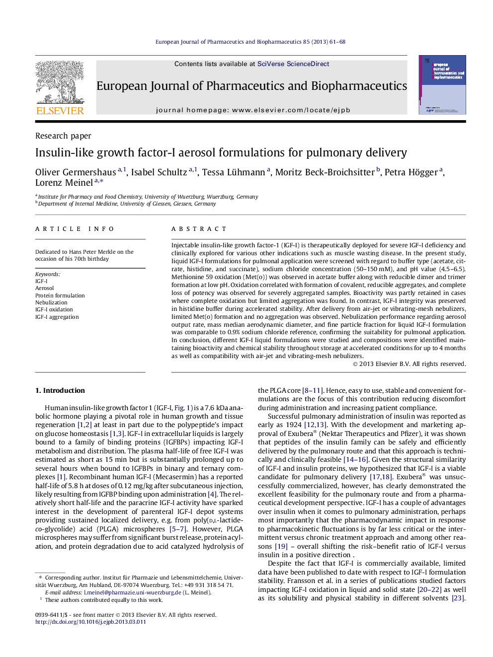 Insulin-like growth factor-I aerosol formulations for pulmonary delivery