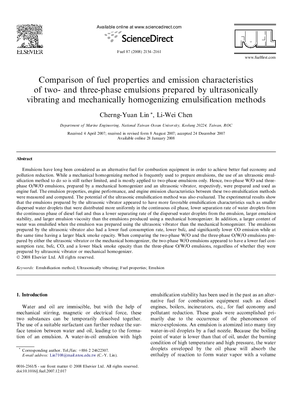 Comparison of fuel properties and emission characteristics of two- and three-phase emulsions prepared by ultrasonically vibrating and mechanically homogenizing emulsification methods