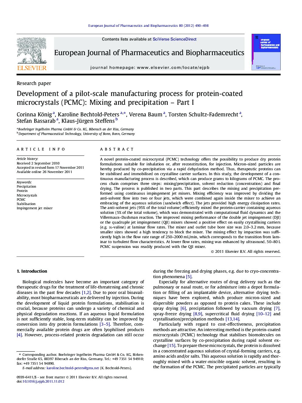 Development of a pilot-scale manufacturing process for protein-coated microcrystals (PCMC): Mixing and precipitation – Part I